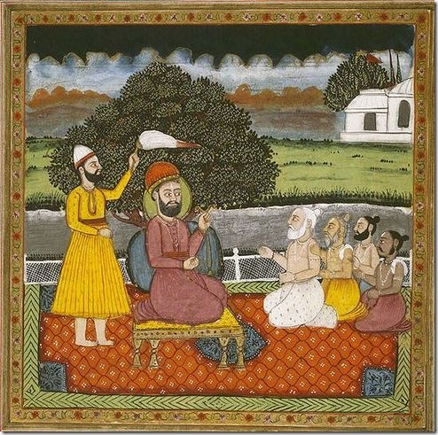 גורו נאנק, מייסק הדת הסיקית, נפגש עם אנשי דת הינדים, לצורך המרה. ציור מתחילת המאה ה-19