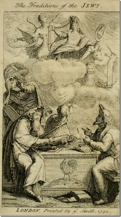 העמוד הפותח של הספר "מסורות היהודים" (1742, במקור בגרמנית, 1700), ממנו, בין השאר, למד סמית קבלה